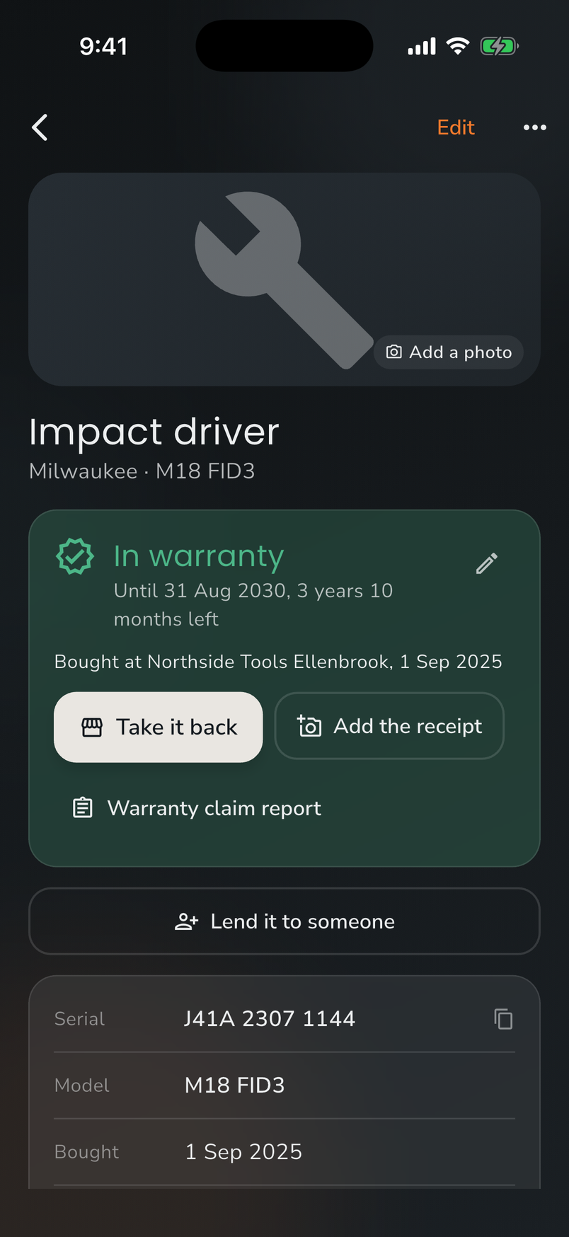 A tool in ToolProof showing it is in warranty