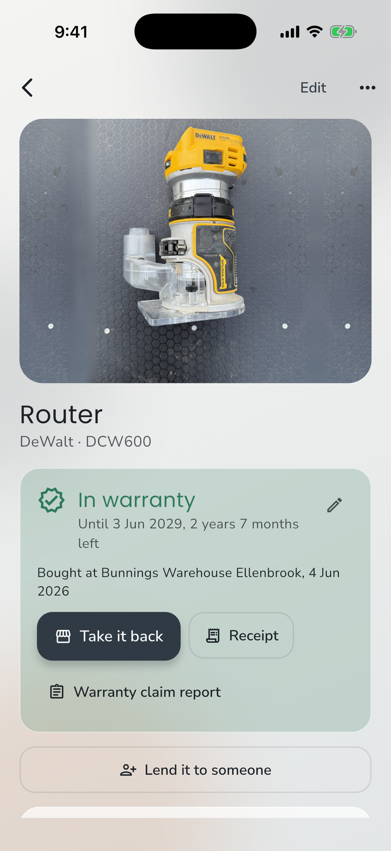 A tool in ToolProof showing it is in warranty